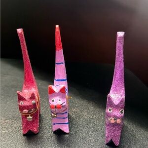 Handcrafted Cat Figurines Set - Pink, Purple, and Red